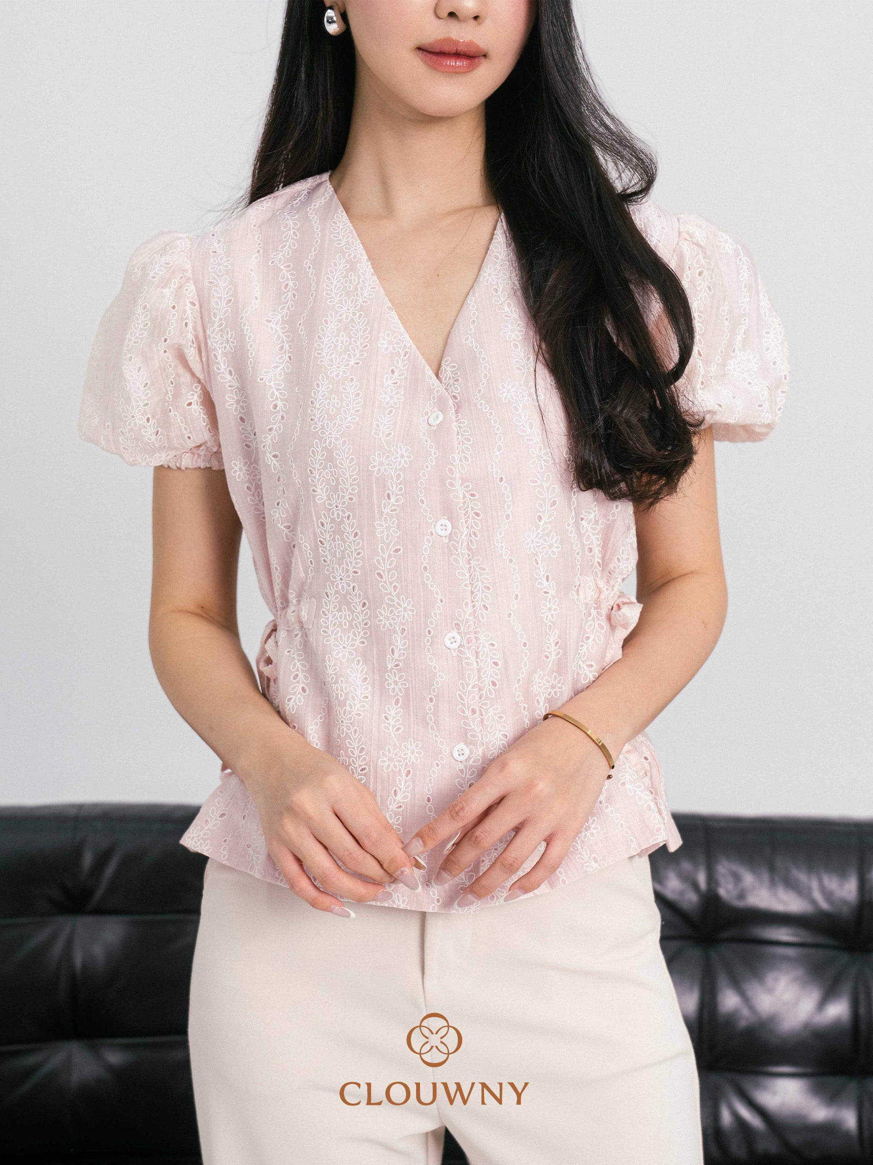 Angela Embroidery Side Drawstring Blouse - Pink